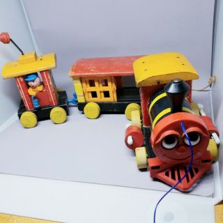 Vtg 1963 Fisher Price Huffy Puffy Wood Train Pull Toy 999 Parts 3 Cars Usa Made