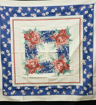 Vintage Tablecloth Cotton Printed 48x50 " Shabby Red Blue Flowers Chic 50s Estate