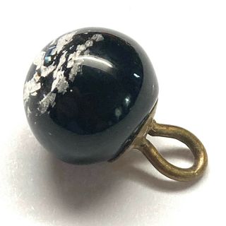 Antique Button Black Glass Ball With Silver Foil Inclusions