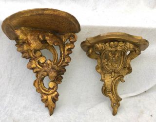 2 X Antique Victorian Carved & Moulded Wooden Gold Gilt Wall Shelf Corbel Sconce