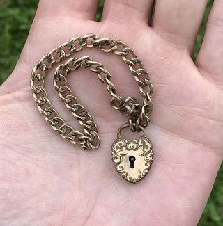 Antique Victorian Gold Filled Ornate Heart Lock Charm Bracelet