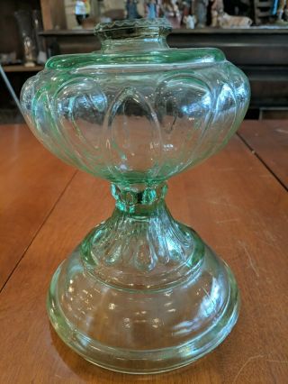 Vintage Antique Vaseline Green Depression Glass Oil Lamp