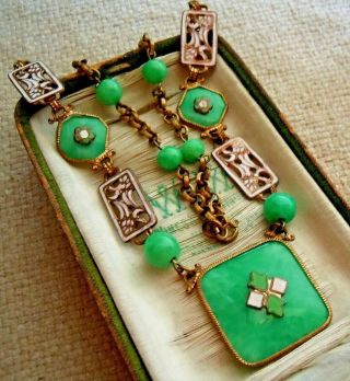 Antique Edwardian Deco Czech Peking Glass Pierced Enamel Link Ornate Necklace