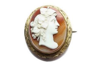 Lovely Antique 9k Gold Commisso Cameo Pin Brooch C1880 Bacchante