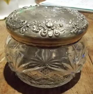 Large Antique Gorham Cut Glass & Sterling Silver Top Dresser Jar 3 1/2 "