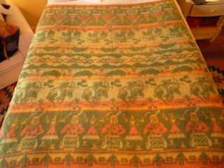 Vintage Cotton Camp Blanket Western Themed With Indians Teepees & Buffalo