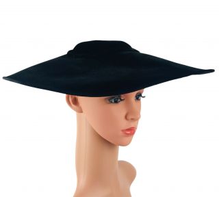 Vintage Womens Black Velvet Hat Wide Brim Formal Elegant Classic