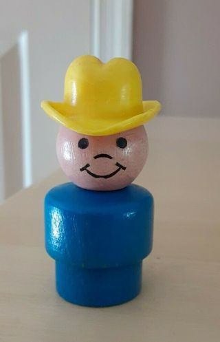 Vintage Fisher Price Little People All Wood Blue Farmer Boy/cowboy W/yellow Hat