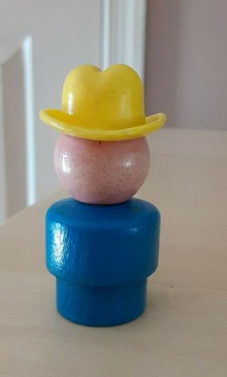 Vintage Fisher Price little people all wood blue farmer boy/cowboy w/yellow hat 2