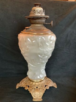 Vintage Antique Cast Iron Base Oil Lamp Vase Frosted White Glass Success Burner