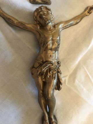 French Antique Crucifix Jesus Christ Corpus Cross Metal Gold Brass 7” Body Of