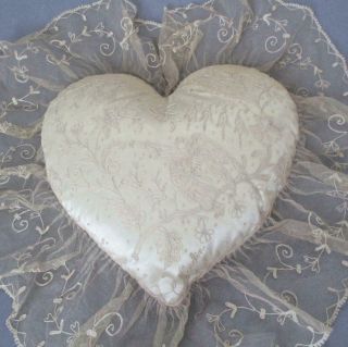 Vintage French Tambour Lace 15 " Heart Shape Boudoir Pillow Carlin Comforts Angel