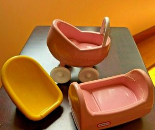 Little Tikes Dollhouse Size Baby Nursery Furniture Cradle Buggy Car Seat Vintage