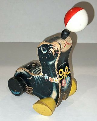 Vintage Fisher Price Black Suzie Seal W/ Balancing Ball Toy Wooden Pull Toy