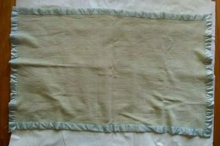 Vintage Wool Baby Blanket Green Satin Trim Flaws Mud Stains 2