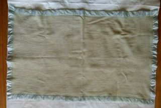 Vintage Wool Baby Blanket Green Satin Trim Flaws Mud Stains 3