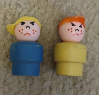 2 Vintage Fisher Price Little People Yellow Body Angry Mad Butch Boy Wood & Blue