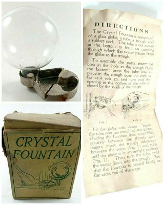 Antique 1917 Crystal Fountain Hendryx Glass Bird Cage Water Feeder Box Instruc.