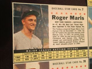 1961 POST CEREAL BASEBALL UNCUT 7 CARD PANEL Roger Maris,  Richie Ashburn,  More 2