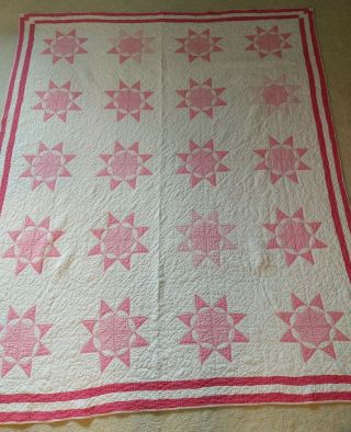 Vintage Handmade Eight Point Star Patchwork Quilt Pink 1940s 20 Stars 80 " X 64 "