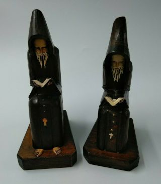 Vintage Wood Carved Pair Bookends Christian Priests Monks Antique