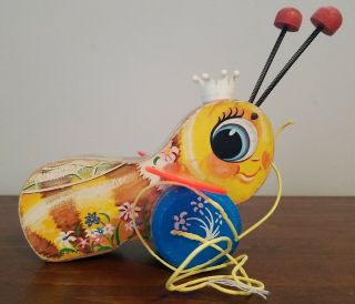 Vintage Fisher Price Queen Buzzy Bee Wooden Pull Toy 444 Gc