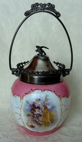 Antique Opal Glass Biscuit Barrel Jar Silver Plated Lid With Eagle Finial