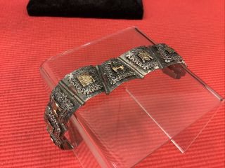 Antique Sterling Silver 925 and 18K Gold Peru Art Deco Aztec Link Bracelet 2