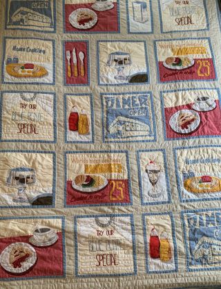 Vintage American Pacific Foodie 50s Diner Restaurant Theme Patchwork Quilt Full