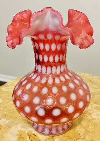 7” Vintage Fenton Cranberry Pink White Milk Glass Coin Polka Dot Ruffled Vase
