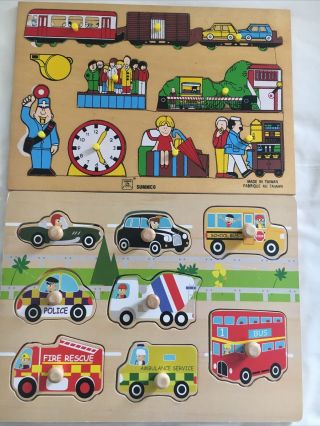 Toddler Wooden Peg Puzzles Transport Vgc