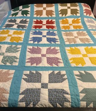 Vintage Handmade Hand - Stitched Quilt Queen King 98” X 84” Colorful Fabric