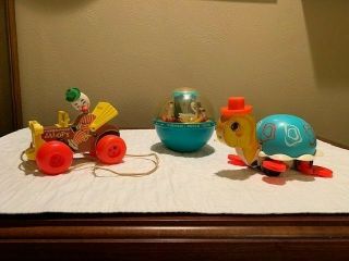 Vintage Fisher Price Jalopy Clown Car Pull Toy,  Turtle,  And Roly Poly Chime Ball