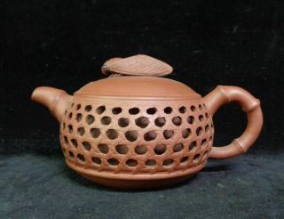 Old Chinese " Yixing " Hand Carving Basket " Zisha " Pottery Teapot Mark