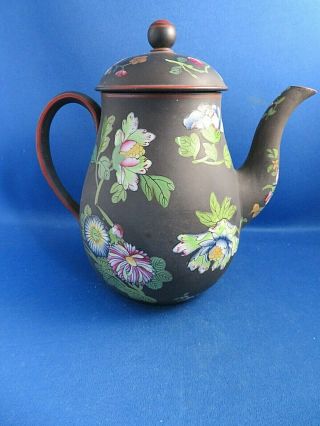 Antique Early 19thc Wedgwood Black Basalt Coffee Pot - Chinese Flowers C1820