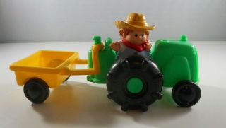 1995 Fisher Price Little People - Green Farm Tractor W/ Tow Behind Cart,  Farmer