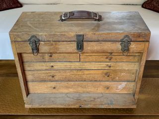 Vintage Wood Box Machinist Tool Chest With 6 Drawers & Top Space Old Antique Vtg