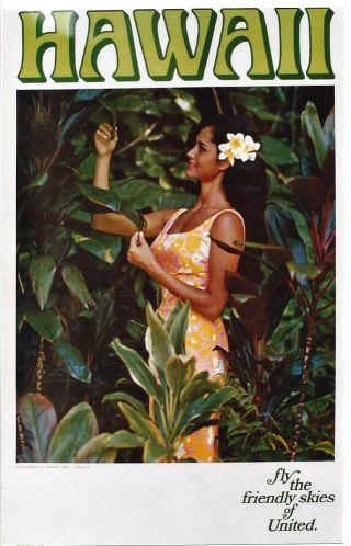 Vintage Poster Hawaii Girl & Flowers Ual C.  1970