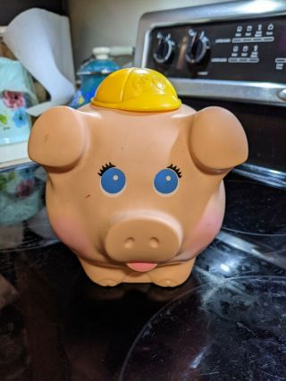1980 Vintage Fisher Price " Pink Piggy Bank " W/ Yellow Hard Hat