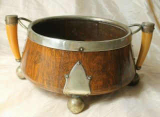 Vintage Oak Fruit Bowl,  Ball Feet Brass Bound,  Horn Shaped Handles