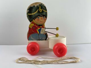 Vintage 1967 Fisher Price Wooden Drummer Boy 634 Plays Drums Pull Along Toy