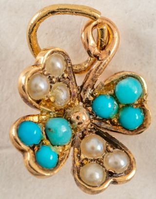 Vintage 14k Gold Pearl & Turquoise Tiny Flower Charm Pendant
