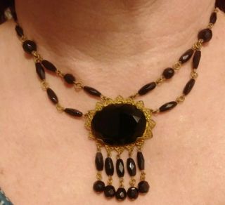 Antique Art Deco Brass Filigree And Black Czech Glass Lavalier Mourning Necklace