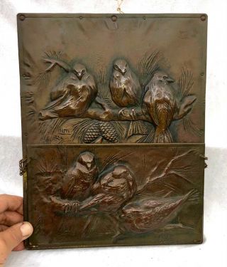 Antique Arts & Crafts Copper Letter Rack 6 Hand Beaten Birds