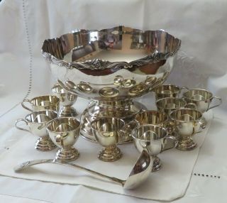 Antique 14 Piece Punch Bowl Set Made In Japan Ep Metal High Gloss Rose Embossed