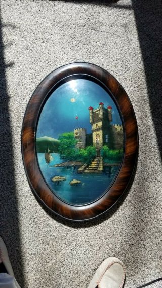 Early Antique Reverse Painting On Glass “the Castle On The Danube