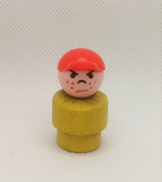 Vintage Fisher Price Little People Red Hat Yellow Body Angry Mad Butch Boy Wood