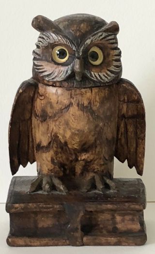 Antique Black Forest German Hand Carved Wood Wise Owl On Books Desk Inkwell