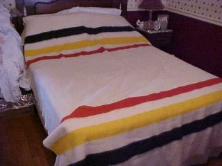 Vintage Wool Blanket,  Cream With Black Yellow And Red Stripes,  Hudson Bay