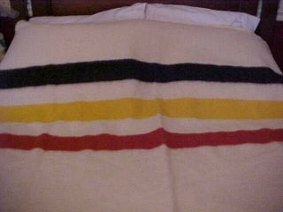 VINTAGE WOOL BLANKET,  CREAM WITH BLACK YELLOW AND RED STRIPES,  HUDSON BAY 2